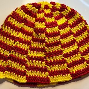 Red and Yellow Striped Crochet Beanie
